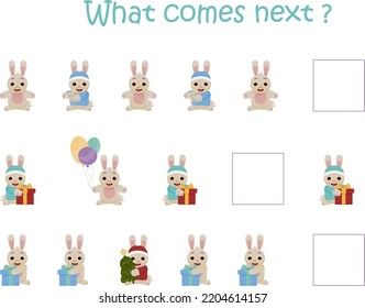 Vector learning game. What comes next? Cute winter rabbit in the picture. We need to figure out who will be next. Educational game for kids. Vector illustration.  A simple winter game for kids.