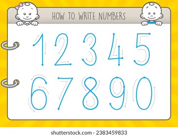 Aprendizaje de vectores para niños, instrucciones sobre cómo escribir números. Coloración de páginas con números de escritura de práctica. Imaginen a la niña y al niño.