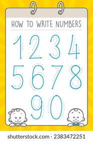 Vector learning for kids, instructions on how to write numbers. Coloring pages with practice writing numbers. Height dimension. Picture little girl and boy.