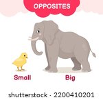 Vector learning material for kids opposites big small. Cartoon illustrations of cute elephant and chicken.