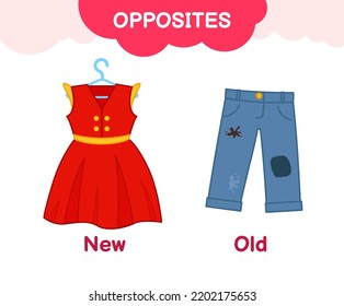 Vector learning material for kids opposites old new. Cartoon illustrations of a beautiful new red dress and old dirty jeans.
