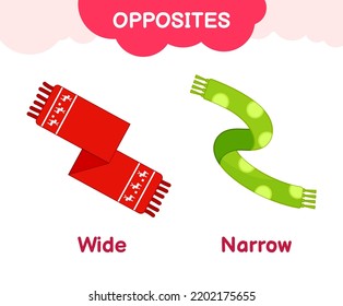 Vector learning material for kids opposites wide narrow. Cartoon illustrations of a wide red scarf and a green narrow scarf.