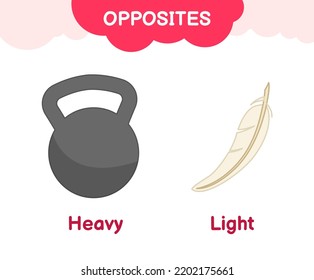 Vector learning material for kids opposites heavy light. Cartoon illustrations of a heavy weight and a light white feather.
