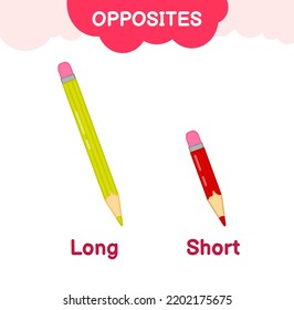 Vector learning material for kids opposites long short. Cartoon illustrations of a long red pencil and a green short pencil.