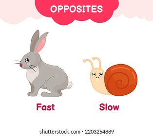 Vector learning material for kids opposites fast slow. Cartoon illustrations of fast hare and slow snail.

