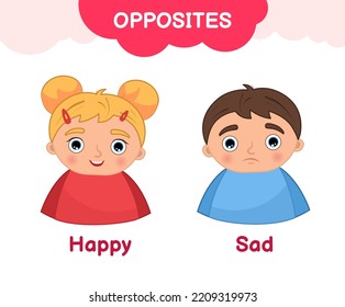 Vector Learning Material For Kids Opposites Happy Sad. Cartoon Illustrations Of Cheerful Happy Girl And Sad Boy.
