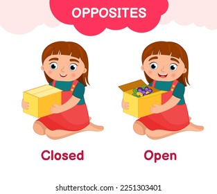 El material de aprendizaje de vectores para los niños se opone fácilmente difícil. Las ilustraciones de dibujos animados de una linda chica abren un regalo.


