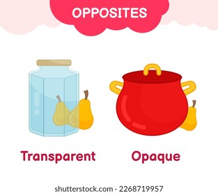 Vector learning material for kids opposites easy difficult. Cartoon illustrations of a a transparent glass jar and an opaque saucepan.
