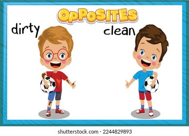 Vector learning material with opposites for children: dirty-clean