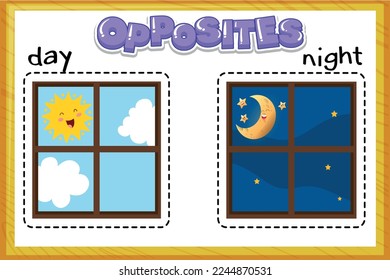 Vector learning material with opposites for children: day-night