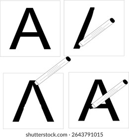 vector learning to write letter A, illustration of how to write letter A, guide to writing letter A for kids