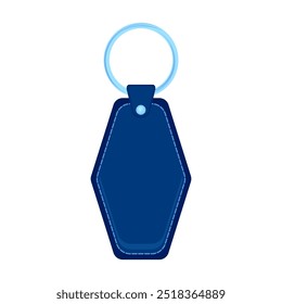 Baratija de cuero de Vector, llavero azul para la llave. Anillo de metal. Etiqueta de llavero azul para el coche o la oficina. Llavero aislado sobre fondo blanco. Accesorio en blanco para el hogar. Identidad Corporativa para la marca.