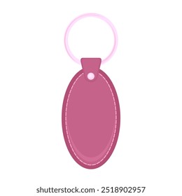 Baratija de cuero de Vector, llavero rosa para la llave. Anillo de metal. Etiqueta de llavero rosa para coche u oficina. Llavero aislado sobre fondo blanco. Accesorio en blanco para el hogar. Identidad Corporativa para la marca.