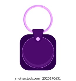 Suporte de couro vetor trinket, chai chave roxa para chave. Anel de metal. Etiqueta de roxo fob para carro ou escritório. Toque isolado no fundo branco. Acessório em branco para casa. Identidade corporativa da marca.