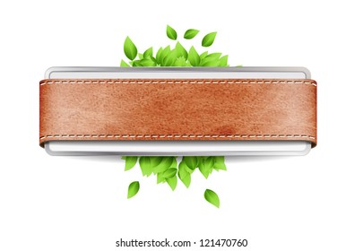 Vector leather textured banner / badge decorated with fresh green leaves