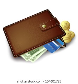 Vector leather wallet with money and coins