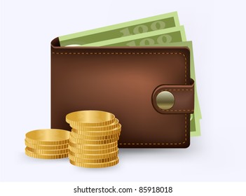 Vector leather wallet with money and coins inside
