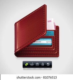 Vector leather wallet with money and credit cards icon