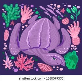 Vector leatherback sea turtle, leathery turtle (dermochelys coriacea) with corals, oyster shell, algae, tangle, sea weeds, fish, bubbles, actinia, anemone for cards invitation, clothes,