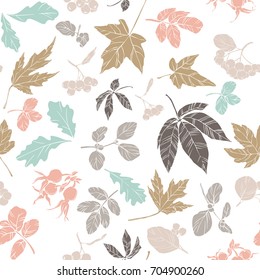 Vector leaves and berries pattern. Fall, Autumn or Thanksgiving seamless background. Colorful hand drawn illustration for your design.