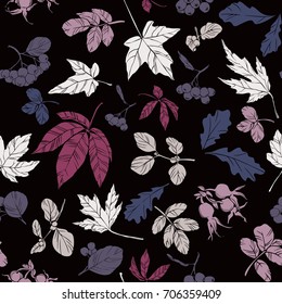 Vector leaves and berries pattern. Fall, Autumn or Thanksgiving seamless and tileable background. Colorful hand drawn illustration for your design.