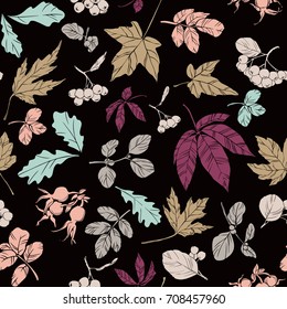 Vector leaves and berries pattern. Fall, Autumn or Thanksgiving seamless and tileable background. Colorful hand drawn illustration for your design.