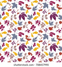 Vector leaves and berries pattern. Fall, Autumn or Thanksgiving seamless and tileable background. Colorful hand drawn illustration for your design.