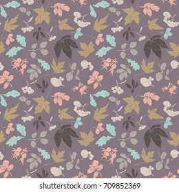 Vector leaves and berries pattern. Fall, Autumn or Thanksgiving seamless and tileable background. Colorful hand drawn illustration for your design.