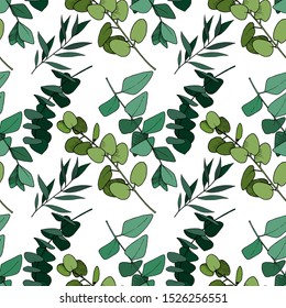 Vector Leaves branch. Exotic tropical hawaiian summer. Leaf plant botanical floral foliage. Black and white engraved ink art. Seamless background pattern. Fabric wallpaper print texture.