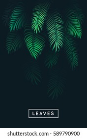 Vector leaves. Flora. Tree branch. Foliage green. Abstract vertical nature background. Jungle. Dark forest. Modern design template. Botanical.