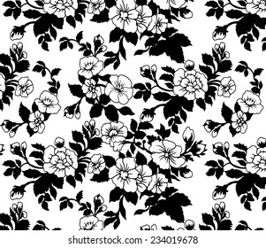 Vector leaves and flowers background on black.