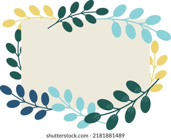 marco de hojas vectoriales, diseño plano, color suave, color verde, amarillo y azul, estilo retro