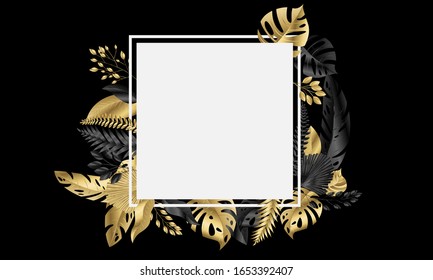 Vector leaves gold frame Design banner Spring background. Vector illustration template.