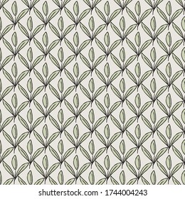 Vector Leaves in Green on Beige Background Seamless Repeat Pattern. Background for textiles, cards, manufacturing, wallpapers, print, gift wrap and scrapbooking.