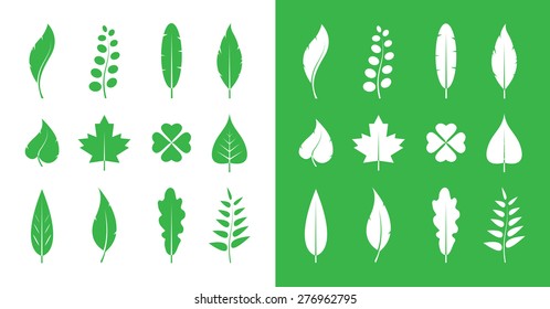 Vector leaves icon set on white background and on green background