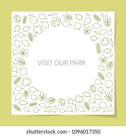 Vector leaves icons (elm, beech, ash, linden, birch, alder, aspen, willow, maple,  poplar, rowan, hawthorn, walnut, apple, oak, acacia, chestnut, conker) in form of circle isolated on white backgound