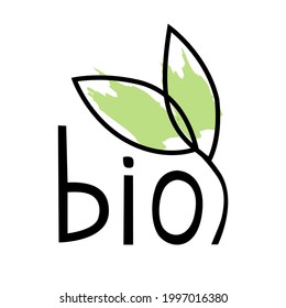 Vector leaves logo for bio products. Handwritten labels isolated on a white background. Vector icon for eco products in doodle style