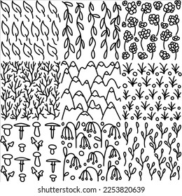 Vector leaves, mushrooms, mountains, flowers, grass, berries, and branches. Doodle elements. Hand-drawn black and white illustration. Botany set of patterns—natural objects in square tiles.