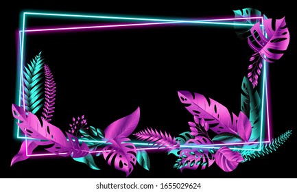 Vector leaves neon blue and pink frame Design banner Spring background. Vector illustration template.