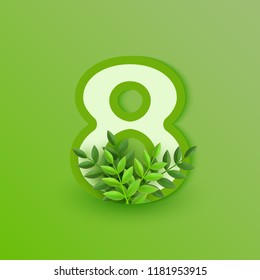 Vector leaves number seight 8 on green background. Spring font symbol, fresh bio and eco style type element with plant branches. Natural, organic garden or forest typography with foliage.