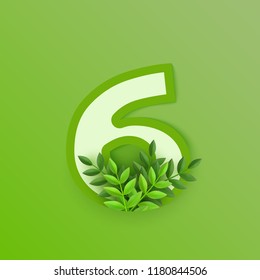 Vector leaves number six 6 on green background. Spring font symbol, fresh bio and eco style type element with plant branches. Natural, organic garden or forest typography with foliage.