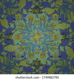 Vector. Hojas de colores verdes, azules y amarillos. Plantilla de moda para el diseño de ropa. Clásico bordado de septiembre hojas de otoño, bellotas bosque silvestre. El veraneo de bordado es fluido.