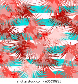Vector leaves palm repeating floral pattern trendy color on a stripes rough texture patterns. Vector flora palm coconut leaves blue green color trendy background.