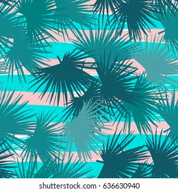 Vector leaves palm repeating floral pattern trendy color on a stripes rough texture patterns. Vector flora palm coconut leaves blue green color trendy background.