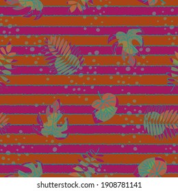Vector Leaves in Pink Orange Green Turquoise on Stripes Background. Seamless Repeat Pattern. Background for textiles, cards, manufacturing, wallpapers, print, gift wrap and scrapbooking.