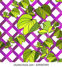 Vector leaves repeating floral pattern trendy color on a checkered lines. Vector floral geometric leaves neon green color background.