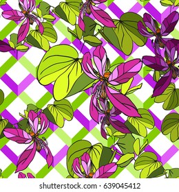 Vector leaves repeating floral pattern trendy color on a checkered lines. Vector floral geometric leaves neon green color background.