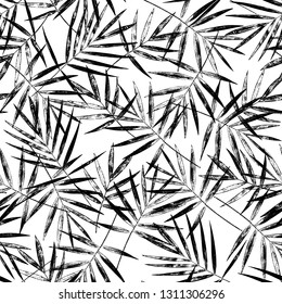 Vector leaves seamless pattern. Abstract grunge texture background. Nature organic illustration. Black and white palm leaves pattern. Trendy background with palm texture. 