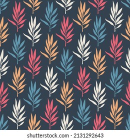 Vector Leaves Seamless Pattern. Abstract colorful leaves and branches on black background.