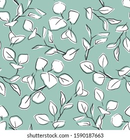 Vector Leaves Seamless Pattern. Hand Drawn Greenery Background With Eucalyptus Leaves. Nature Illustration For Wallpaper, Textile, Wrapping Paper.